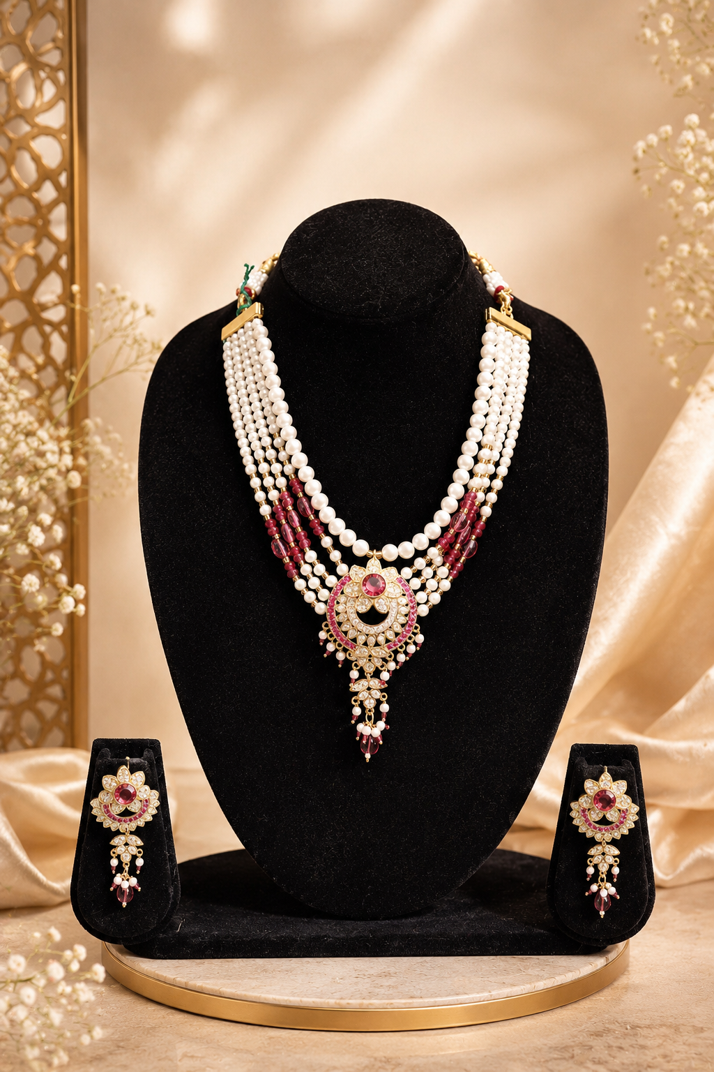 Multi-Strand Pearl and Ruby Necklace Set with Matching Drop Earrings