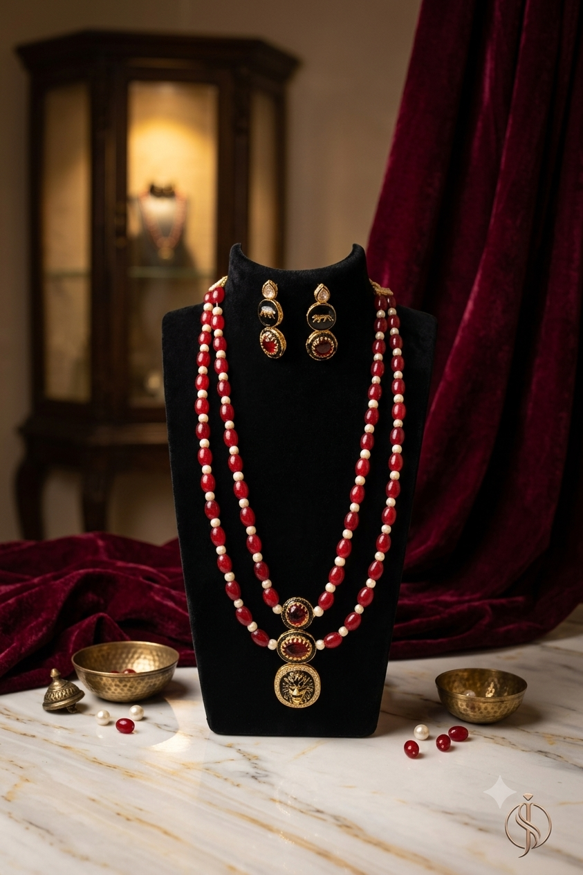 The Maharaja Royal Lion Coral & Black Enamel Mala Set