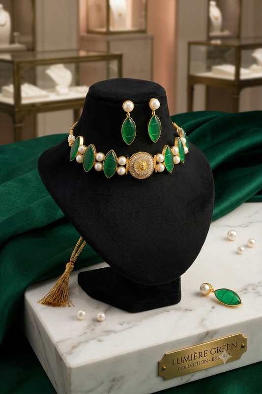 The Kiara Pearl & Ribbed Emerald Marquise Choker Set