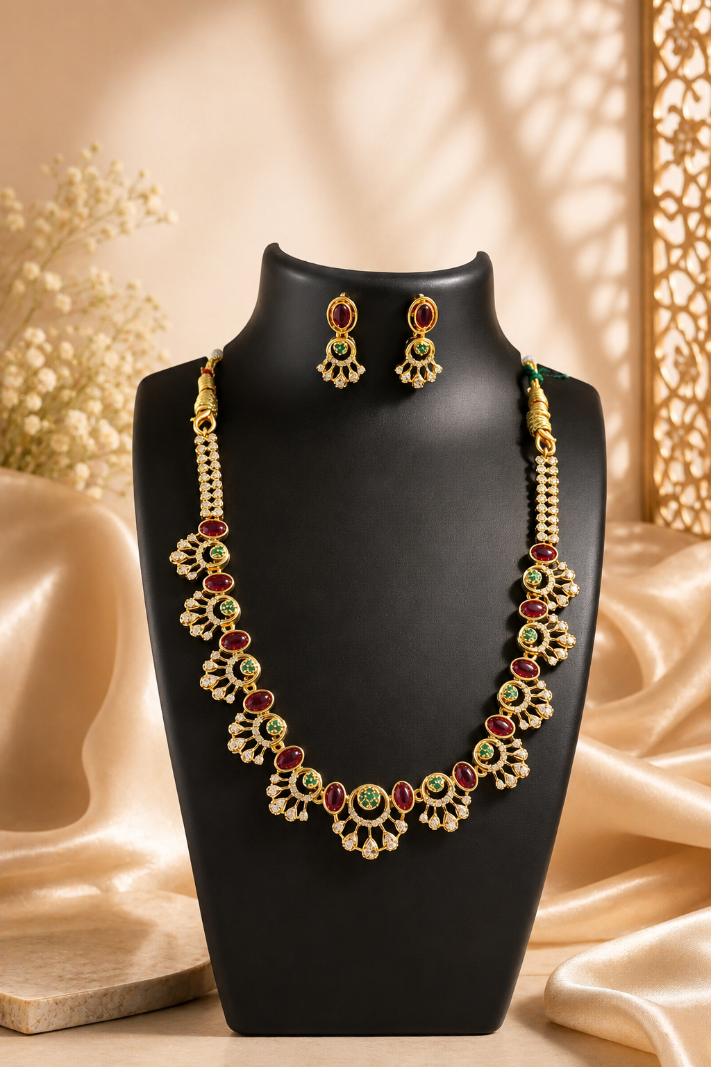 Elegant Ruby and Emerald Toned Floral Drop Jewellery Set