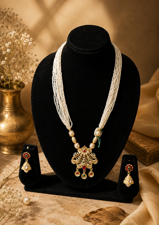 Royal Rajwadi Multi-Strand Pearl Rani Haar Necklace Set with Matching Jhumka Earrings