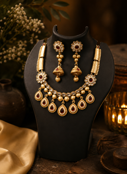 Traditional Matte Gold Ruby Choker Set with Jhumkas