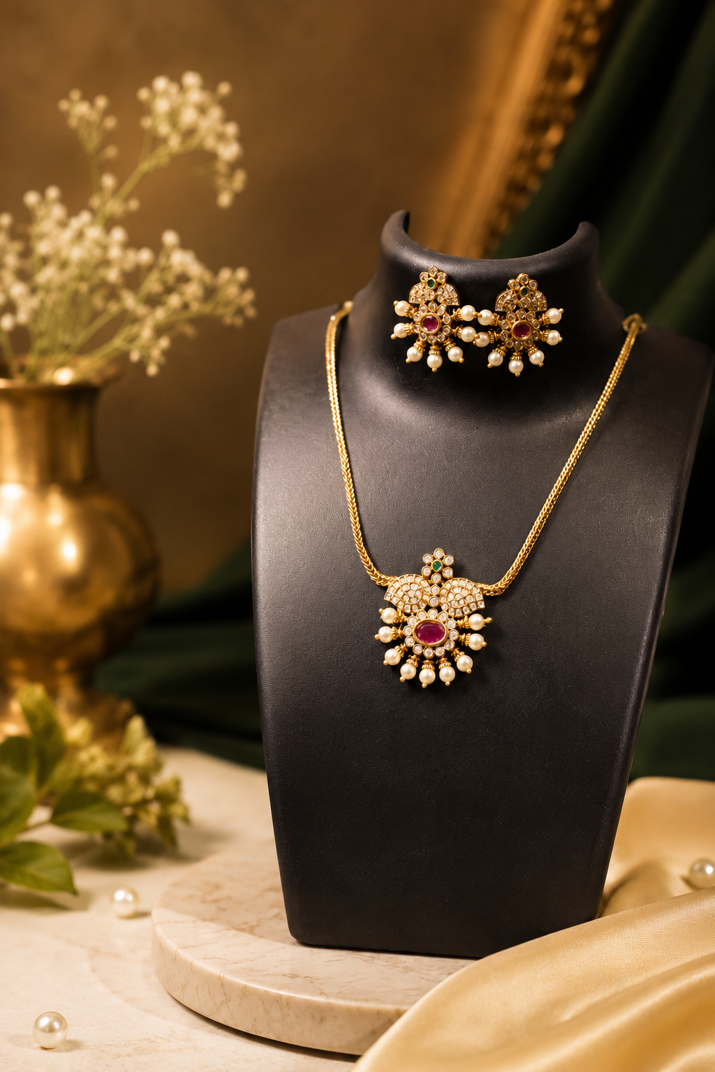 Traditional Pearl Cluster Gold Pendant and Studs Set