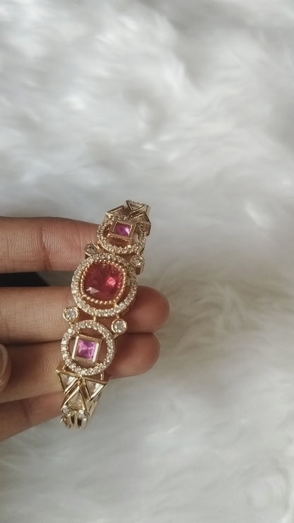 Royal Ruby Pink Gemstone & Cubic Zirconia Gold- Plated Statement Bracelet