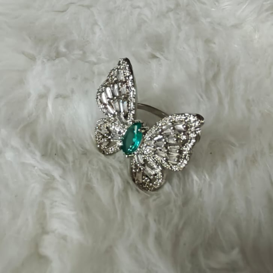 Crystal Butterfly Ring with Green Center Stone